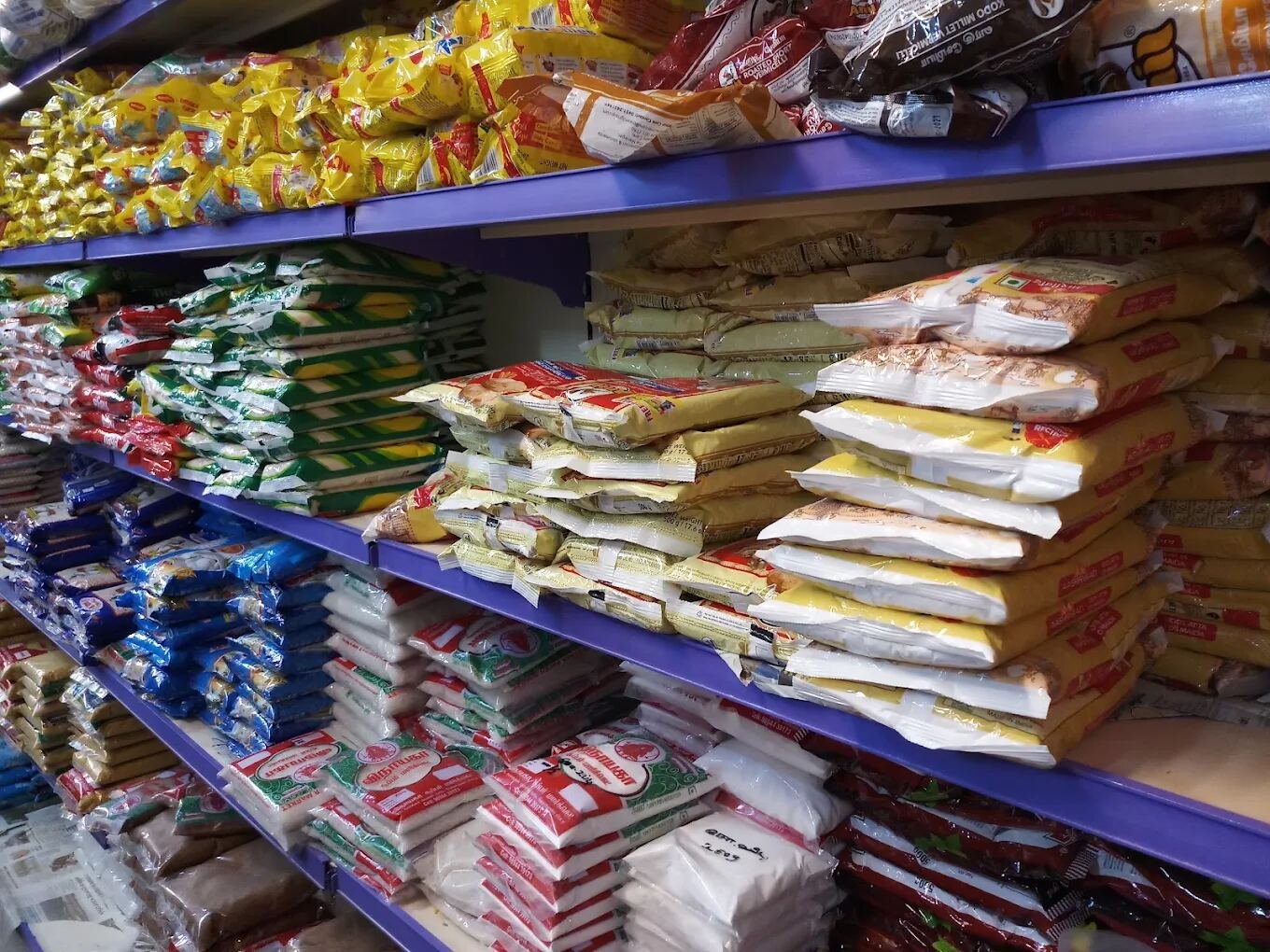 Rice and grocery shelves at Vinayaga Super Market, Namakkal